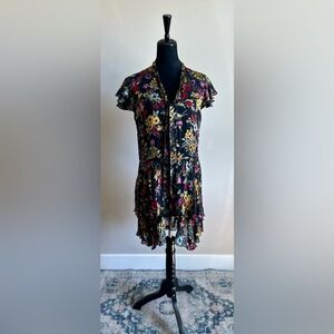 Alice + Olivia Women’s Black Moore Ruffle Tiered Floral Silk Blend Dress Size 6